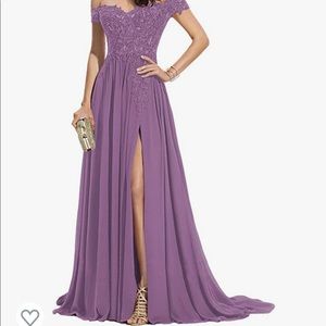 Miao Duo Women's Off The Shoulder with Slit Lace Appliqued Chiffon Formal Gown